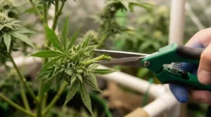 Scissors cutting cannabis