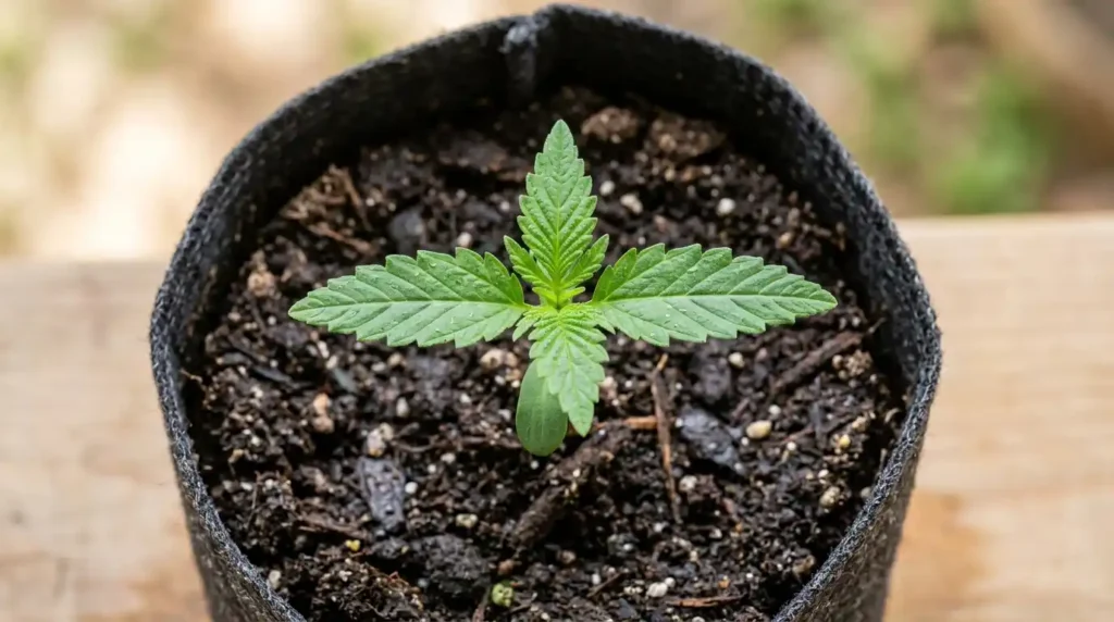 Cannabis seedling growing in pot