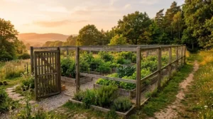 Garden with_ wire mesh enclosure