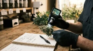 Hands holding microscope cannabis